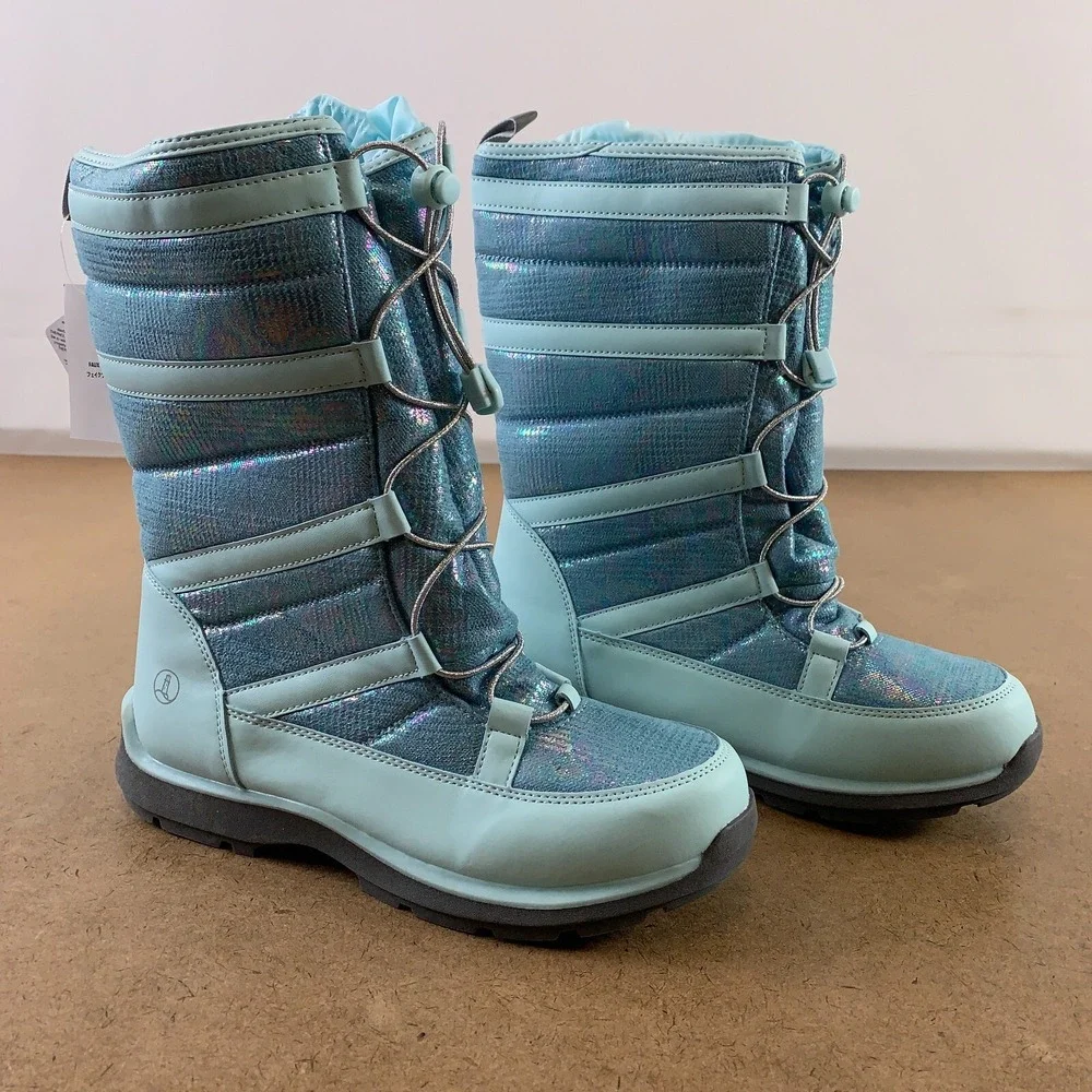 Lands End Kids Shoe Size 7 Teal Iridescent Snowflake Insulated Winter Boots NWT